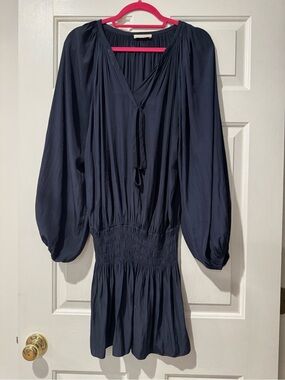 Ramy Brook Navy Long-Sleeve Tie-Front Smocked Waist Dress